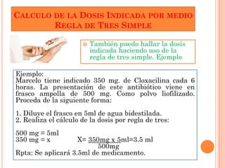 CALCULO DE LA DOSIS INDICADA POR MEDIO
        REGLA DE TRES SIMPLE

                         También puedo hallar la dosis
                          indicada haciendo uso de la
                          regla de tres simple. Ejemplo

Ejemplo:
Marcelo tiene indicado 350 mg. de Cloxacilina cada 6
horas. La presentación de este antibiótico viene en
frasco ampolla de 500 mg. Como polvo liofilizado.
Proceda de la siguiente forma:
1. Diluye el frasco en 5ml de agua bidestilada.
2. Realiza el cálculo de la dosis por regla de tres:
500 mg = 5ml
350 mg = x          X= 350mg x 5ml=3.5 ml
                          500mg
Rpta: Se aplicará 3.5ml de medicamento.
 