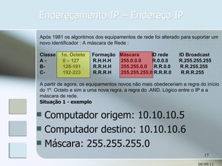Endereçamento IP – Endereço IP 08/09/11 Após 1981 os algoritmos dos equipamentos de rede foi alterado para suportar um novo identificador : A máscara de Rede : Classe  1o. Octeto  Formação  Máscara  ID rede  ID Broadcast A -  0 – 127  R.H.H.H  255.0.0.0  R.0.0.0  R.255.255.255 B-  128-191  R.R.H.H  255.255.0.0  R.R.0.0  R.R.255.255 C-  192-223  R.R.R.H  255.255.255.0 R.R.R.0  R.R.R.255 A partir de agora, os equipamentos novos não mais obedeceriam a regra do início do 1º. Octeto e sim a uma nova regra, a regra do .AND. Lógico entre o IP e a máscara de rede. Situação 1 - exemplo Computador origem: 10.10.10.5 Computador destino: 10.10.10.6 Máscara: 255.255.255.0 