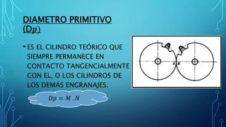 DIAMETRO PRIMITIVO
(D𝒑)
• ES EL CILINDRO TEÓRICO QUE
SIEMPRE PERMANECE EN
CONTACTO TANGENCIALMENTE
CON EL, O LOS CILINDROS DE
LOS DEMÁS ENGRANAJES.
𝐷𝑝 = 𝑀 . 𝑁
 