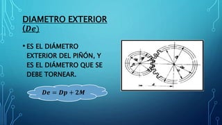 DIAMETRO EXTERIOR
(𝑫𝒆)
• ES EL DIÁMETRO
EXTERIOR DEL PIÑÓN, Y
ES EL DIÁMETRO QUE SE
DEBE TORNEAR.
𝑫𝒆 = 𝑫𝒑 + 𝟐𝑴
 