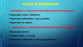 CLASES DE ENGRANAJES
1.- DESTINADOS A TRANSMITIR MOVIMIENTOS DE EJES PARALELOS
Engranajes rectos o cilíndricos
Engranajes helicoidales a ejes paralelos
Engranajes de cadena
2.- DESTINADOS A TRANSMITIR MOVIMIENTOS DE EJES PARALELOS
Engranajes cónicos
Tornillo sin-fin y su rueda
Engranajes helicoidales a ejes perpendiculares
 