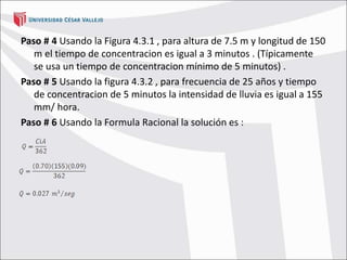 Paso # 4 Usando la Figura 4.3.1 , para altura de 7.5 m y longitud de 150
m el tiempo de concentracion es igual a 3 minutos . (Típicamente
se usa un tiempo de concentracion mínimo de 5 minutos) .
Paso # 5 Usando la figura 4.3.2 , para frecuencia de 25 años y tiempo
de concentracion de 5 minutos la intensidad de lluvia es igual a 155
mm/ hora.
Paso # 6 Usando la Formula Racional la solución es :
 