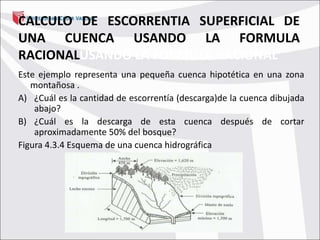 CALCULO DE ESCORRENTIA SUPERFICIAL DE
UNA CUENCA USANDO LA FORMULA
RACIONALUSANDO LA FORMULA RACIONAL
Este ejemplo representa una pequeña cuenca hipotética en una zona
montañosa .
A) ¿Cuál es la cantidad de escorrentía (descarga)de la cuenca dibujada
abajo?
B) ¿Cuál es la descarga de esta cuenca después de cortar
aproximadamente 50% del bosque?
Figura 4.3.4 Esquema de una cuenca hidrográfica
 