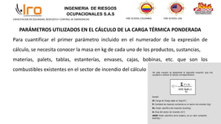 INGENIERIA DE RIESGOS
OCUPACIONALES S.A.S
FIRE SCHOOL COLOMBIA FIRE SCHOOL USA
CAPACITACION EN SEGURIDAD, RESPUESTA Y CONTROL DE EMERGENCIAS
PARÁMETROS UTILIZADOS EN EL CÁLCULO DE LA CARGA TÉRMICA PONDERADA
Para cuantificar el primer parámetro incluido en el numerador de la expresión de
cálculo, se necesita conocer la masa en kg de cada uno de los productos, sustancias,
materias, palets, tablas, estanterías, envases, cajas, bobinas, etc. que son los
combustibles existentes en el sector de incendio del cálculo
 