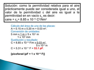Solución: como la permitividad relativa para el aire prácticamente puede ser considerada igual a uno, el valor de la permitividad  ε  del aire es igual a la permitividad en en vacío  ε o,  es decir: ε aire =  ε o = 8.85 x 10 -12  C 2 /Nm 2 Cálculo del área de una de las placas: A = 0.15 m x 0.20 m = 0.03 m 2 . Conversión de unidades: 5 mm x  1 m =  5 x 10 -3  m 1 x 10 3  mm Sustitución y resultado: C = 8.85 x 10 -12  F/m x  0.03 m 2 .   5 x 10 -3  m C = 5.31 x 10 -11  F =  53.1 pF . [picofarad (pF = 1 x 10 -12  F)] 