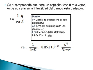 Se a comprobado que para un capacitor con aire o vacio entre sus placas la intensidad del campo esta dada por: E= Donde: q=  Carga de cualquiera de las placas (C) A=  Área de cualquiera de las placas Eo=  Permisibilidad del vacio 8.85x10^-12  