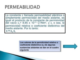 La constante  ε  llamada permeabilidad eléctrica o simplemente permisividad del medio aislante, es igual al producto de la constante de permisividad del vacío  ε o = 8.85 x 10 -12  C 2 /Nm 2 , y  ε r  o sea, la permisividad relativa o coeficiente dieléctrico del medio aislante. Por lo tanto: ε  =  ε o   ε r . Los valores de la permitividad relativa o coeficiente dieléctrico ( ε r ) de algunas sustancias aislantes se dan en el cuadro siguiente 