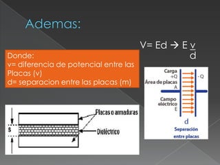 V= Ed  E v
Donde:                                           d
v= diferencia de potencial entre las
Placas (v)
d= separacion entre las placas (m)
 