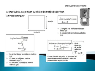 2. CÁLCULOS A MANO PARA EL DISEÑO DE POZOS DE LETRINA
2.1 Pozo rectangular
 
