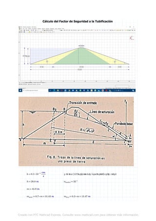 Cálculo del Factor de Seguridad a la Tubificación
≔
k ⋅
0.1 10-5
――
cm
s
m = pr
oyecci
ón delpar
am ent
o en l
a zona m oj
ada
≔
h 28.8 m ≔
αnucleo 32 °
≔
m 44.9 m
≔
msiete =
⋅
0.7 m 31.43 m ≔
mtres =
⋅
0.3 m 13.47 m
 