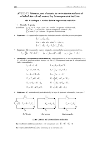 Cálculo de redes y líneas eléctricas214
ANEXO XI. Fórmulas para el cálculo de cortocircuitos mediante el
método de las redes de secuencia y las componentes simétricas
XI.I. Cálculo por el Método de las Componentes Simétricas
• Operador de giro (a)
El operador: a = a4
=( - 0.5 + j 0.87)=1(120º equivale a un giro del vector de +120º.
a2
= (- 0.5 - j 0.87)=1(240º equivale a un giro del vector de +240º.
a3
= (1+j0 )=1(0º equivale a un giro del vector de +360º.
Ecuaciones (A): conocidas las componentes simétricas, permiten hallar los vectores principales.
0
2
21021
02
2
1021
021
RRRTTTT
RRRSSSS
RRRR
IaIaIIIII
IaIaIIIII
IIII
++=++=
++=++=
++=
Ecuaciones (B): conocidos los vectores principales, permiten hallar sus componentes simétricas.
( )2
1
3
1
aIaIII TSRR ++= ( )aIaIII TSRR ++= 2
2
3
1
( )TSRR IIII ++=
3
1
0
Intensidades y tensiones referidas a la fase (R): las componentes (I1, I2 y I0) de la corriente o (U1,
U2 y U0) de la tensión se refieren siempre a la fase (R). Normalmente, esta fase de referencia no se
indica como subíndice.
021R IIII ++= )IaIaI(
3
1
I T
2
SR1 ++=
021
2
S IIaIaI ++= )IaIaI(
3
1
I TS
2
R2 ++=
02
2
1T IIaIaI ++= )III(
3
1
I TSR0 ++=
021R UUUU ++= )UaUaU(
3
1
U T
2
SR1 ++=
021
2
S UUaUaU ++= )UaUaU(
3
1
U TS
2
R2 ++=
02
2
1T UUaUaU ++= )UUU(
3
1
U TSR0 ++=
Ecuaciones (C): aplicando las leyes de Kirchoff y las redes de secuencia hallamos las Ecuaciones C.
Red directa Red inversa Red homopolar
XI.II. Cálculo del Cortocircuito Trifásico
Las condiciones iniciales: que definen a este cortocircuito son: 0=== TSR UUU
Las componentes simétricas: de las tensiones y de las corrientes son:
111 · RRR ZIEV −=
1RZ
E..≈
1RI
222 · RRR ZIV −=
2RZ
2RI
RoRoRo ZIV ·−=
RoZ
RoI
© Los autores, 2002; © Edicions UPC, 2002.
 
