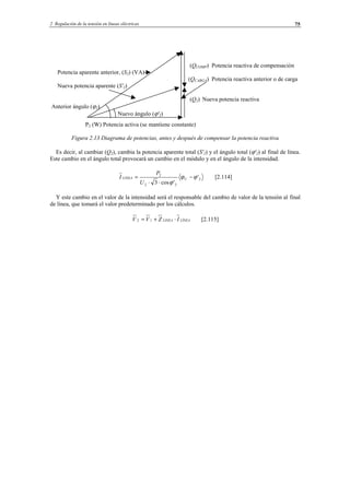 2 Regulación de la tensión en líneas eléctricas 75
(QCOMP) Potencia reactiva de compensación
Potencia aparente anterior, (S2) (VA)
(QCARGA) Potencia reactiva anterior o de carga
Nueva potencia aparente (S'2)
(Q2) Nueva potencia reactiva
Anterior ángulo (ϕ2)
Nuevo ángulo (ϕ'2)
P2 (W) Potencia activa (se mantiene constante)
Figura 2.13 Diagrama de potencias, antes y después de compensar la potencia reactiva
Es decir, al cambiar (Q2), cambia la potencia aparente total (S'2) y el ángulo total (ϕ'2) al final de línea.
Este cambio en el ángulo total provocará un cambio en el módulo y en el ángulo de la intensidad.
2
22
2
'
'cos3
ϕϕ
ϕ
−
⋅⋅
= ULINEA
U
P
I [2.114]
Y este cambio en el valor de la intensidad será el responsable del cambio de valor de la tensión al final
de línea, que tomará el valor predeterminado por los cálculos.
LÍNEALINEA IZVV ⋅+= 12 [2.115]
© Los autores, 2002; © Edicions UPC, 2002.
 