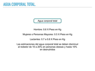 AGUA CORPORAL TOTAL.
Agua corporal total
Hombre: 0.6 X Peso en Kg
Mujeres o Personas Mayores: 0.5 X Peso en Kg
Lactantes: 0.7 a 0.8 X Peso en Kg
Las estimaciones del agua corporal total se deben disminuir
al rededor de 10 a 20% en personas obesas y hasta 10%
en desnutridos
 