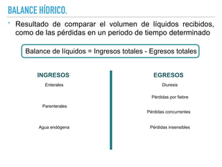 BALANCE HÍDRICO.
‣ Resultado de comparar el volumen de líquidos recibidos,
como de las pérdidas en un periodo de tiempo determinado
Balance de líquidos = Ingresos totales - Egresos totales
INGRESOS EGRESOS
Enterales
Parenterales
Agua endógena
Pérdidas concurrentes
Diuresis
Pérdidas por fiebre
Pérdidas insensibles
 