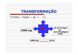 TRANSFORMAÇÃO
1ª linha → Tenho → pó =   1g



                                    10 ml de água
        1000 mg                          ou
                                    soro fisiológico
                                        0,9%


                1000 mg _______ 10 ml
 