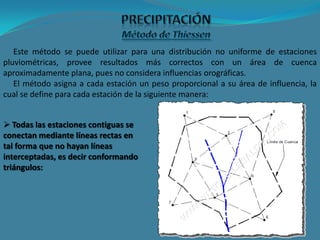 Este método se puede utilizar para una distribución no uniforme de estaciones
pluviométricas, provee resultados más correctos con un área de cuenca
aproximadamente plana, pues no considera influencias orográficas.
El método asigna a cada estación un peso proporcional a su área de influencia, la
cual se define para cada estación de la siguiente manera:
 Todas las estaciones contiguas se
conectan mediante líneas rectas en
tal forma que no hayan líneas
interceptadas, es decir conformando
triángulos:
 