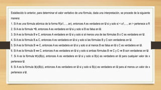 Establecido lo anterior, para determinar el valor veritativo de una fórmula, dada una interpretación, se procede de la siguiente
manera:
1. Si A es una fórmula atómica de la forma R(a1,…, an), entonces A es verdadera en U si y solo si < a1,…, an > pertenece a R
2. Si A es la fórmula ¬B, entonces A es verdadera en U si y solo si B es falsa en U.
3. Si A es la fórmula B v C, entonces A verdadera en U si y solo si al menos una de las fórmulas B o C es verdadera en U.
4. Si A es la fórmula B ᴧ C, entonces A es verdadera en U si y solo si las fórmulas B y C son verdaderas en U.
5. Si A es la fórmula B ⇒ C, entonces A es verdadera en U si y solo si al menos B es falsa en U o C es verdadera en U.
6. Si A es la fórmula B ⇔ C, entonces A es verdadera en U si y solo si ambas fórmulas B ⇒ C y C ⇒ B son verdaderas en U.
7. Si A es la fórmula ∀(x)B(x), entonces A es verdadera en U si y solo si B(x) es verdadera en U para cualquier valor de x
pertenece U.
8. Si A es la fórmula ∃(x)B(x), entonces A es verdadera en U si y solo si B(x) es verdadera en U para al menos un valor de x
pertenece a U.
 
