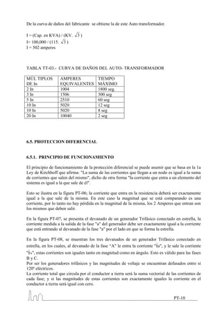 De la curva de daños del fabricante se obtiene la de este Auto transformador.

I = (Cap. en KVA) / (KV.     3)
I= 100,000 / (115. 3 )
I = 502 amperes



TABLA TT-03.- CURVA DE DAÑOS DEL AUTO- TRANSFORMADOR

MÚL TIPLOS         AMPERES               TIEMPO
DE In              EQUIVALENTES          MÁXIMO
2 In               1004                  1800 seg.
3 In               1506                  300 seg
5 In               2510                  60 seg
10 In              5020                  12 seg
10 In              5020                  8 seg
20 In              10040                 2 seg




6.5. PROTECCION DIFERENCIAL


6.5.1. PRINCIPIO DE FUNCIONAMIENTO

El principio de funcionamiento de la protección diferencial se puede asumir que se basa en la 1a
Ley de Kirchhoff que afirma: "La suma de las corrientes que llegan a un nodo es igual a la suma
de corrientes que salen del mismo", dicho de otra forma "la corriente que entra a un elemento del
sistema es igual a la que sale de él".

Esto se ilustra en la figura PT-06; la corriente que entra en la resistencia deberá ser exactamente
igual a la que sale de la misma. En este caso la magnitud que se está comparando es una
corriente, por lo tanto no hay pérdida en la magnitud de la misma, los 2 Amperes que entran son
los mismos que deben salir.

En la figura PT-07, se presenta el devanado de un generador Trifásico conectado en estrella, la
corriente medida a la salida de la fase "a" del generador debe ser exactamente igual a la corriente
que está entrando al devanado de la fase "a" por el lado en que se forma la estrella.

En la figura PT-08, se muestran los tres devanados de un generador Trifásico conectado en
estrella, en los cuales, al devanado de la fase “A" le entra la corriente "ia", y le sale la corriente
"iA", estas corrientes son iguales tanto en magnitud como en ángulo. Esto es válido para las fases
B y C.
Por ser los generadores trifásicos y las magnitudes de voltaje se encuentran defasados entre si
120º eléctricos.
La corriente total que circula por el conductor a tierra será la suma vectorial de las corrientes de
cada fase; y si las magnitudes de estas corrientes son exactamente iguales la corriente en el
conductor a tierra será igual con cero.


                                                                                      PT-10
 