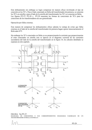 Este defasamiento sin embargo se logra compensar de manera eficaz invirtiendo el tipo de
conexión en los TC's. Para el lado conectado en Delta del transformador de potencia, se conectan
los TC's en estrella y para el lado de la estrella del transformador los TC's se conectan en Delta.
Las figuras PT-27, PT-28 y PT-29 muestran las formas de conexiones de TC's para las
conexiones de los transformadores de uso generalizado.

Operación por fallas externas.

Esta manera de compensar los defasamientos ofrece además la ventaja de evitar que fallas
externas en el lado de la estrella del transformador de potencia hagan operar innecesariamente el
Relevador 87T.

Sin embargo los TC's conectados en Delta ya no proporcionarán la corriente que proporcionarían
al estar conectados en estrella esto se aprecia en el diagrama vectorial de las corrientes
secundarias del lado de la estrella del transformador en la figura 18, los cálculos detallados se
exponen en otro capitulo.




FIGURA No PT-27.
DIAGRAMA DE CONEXIONES Y SUS             CORRESPONDIENTES      DIAGRAMAS     FASORIALES    DE   UN
TRANSFORMADOR ESTRELLA-ESTRELLA



                                                                                   PT-29
 