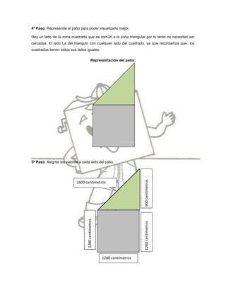 4º Paso: Representar el patio para poder visualizarlo mejor.

Hay un lado de la zona cuadrada que es común a la zona triangular por lo tanto no necesitan ser
cercadas. El lado La del triangulo con cualquier lado del cuadrado, ya que recordamos que los
cuadrados tienen todos sus lados iguales.

                                           Representación del patio:




5º Paso: Asignar los valores a cada lado del patio.
                                                                        960 centímetros




                           1600 centímetros
                                  1280 centímetros




                                                                        1280 centímetros




                                                     1280 centímetros
 