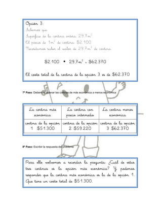 Opción 3:
  Sabemos que:
  Superficie de la cortina entera: 29,7m2.
  El precio de 1m2 de cortina: $2.100
  Necesitamos saber el valor de 29,7m2 de cortina:

                  $2.100  29,7m2 = $62.370

  El costo total de la cortina de la opción 3 es de $62.370


7º Paso: Debemos ordenar las cortinas de más económica a menos económica




     La cortina más                 La cortina con           La cortina menos
       económica                    precio intermedio           económica
  cortina de la opción cortina de la opción cortina de la opción
     1 $51.300             2 $59.220            3 $62.370


8º Paso: Escribir la respuesta del problema




  Para ello volvemos a recordar la pregunta: ¿Cuál de estas
  tres cortinas es la opción más económica? Y podemos
  responder que la cortina más económica es la de la opción 1.
  Que tiene un costo total de $51.300.
 