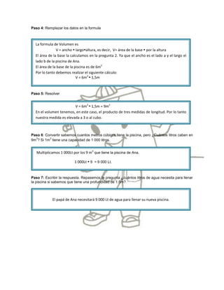 Paso 4: Remplazar los datos en la formula



  La formula de Volumen es
               V = ancho  largoaltura, es decir, V= área de la base  por la altura
  El área de la base la calculamos en la pregunta 2. Ya que el ancho es el lado a y el largo el
  lado b de la piscina de Ana.
  El área de la base de la piscina es de 6m2
  Por lo tanto debemos realizar el siguiente cálculo:
                            V = 6m2  1,5m


Paso 5: Resolver


                         V = 6m2  1,5m = 9m2
  En el volumen tenemos, en este caso, el producto de tres medidas de longitud. Por lo tanto
  nuestra medida es elevada a 3 o al cubo.



Paso 6: Convertir sabemos cuantos metros cúbicos tiene la piscina, pero ¿Cuántos litros caben en
  3       3
9m ? Si 1m tiene una capacidad de 1 000 litros.


   Multiplicamos 1 000Lt por los 9 m3 que tiene la piscina de Ana.

                          1 000Lt  9 = 9 000 Lt.


Paso 7: Escribir la respuesta. Repasemos la pregunta ¿cuántos litros de agua necesita para llenar
la piscina si sabemos que tiene una profundidad de 1.5m?



            El papá de Ana necesitará 9 000 Lt de agua para llenar su nueva piscina.
 