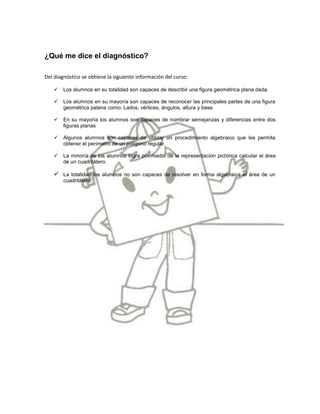 ¿Qué me dice el diagnóstico?

Del diagnóstico se obtiene la siguiente información del curso:

       Los alumnos en su totalidad son capaces de describir una figura geométrica plana dada.

       Los alumnos en su mayoría son capaces de reconocer las principales partes de una figura
        geométrica palana como: Lados, vértices, ángulos, altura y base.

       En su mayoría los alumnos son capaces de nombrar semejanzas y diferencias entre dos
        figuras planas

       Algunos alumnos son capaces de utilizar un procedimiento algebraico que les permita
        obtener el perímetro de un polígono regular.

       La minoría de los alumnos logra por medio de la representación pictórica calcular el área
        de un cuadrilátero.

     La totalidad los alumnos no son capaces de resolver en forma algebraica el área de un
        cuadrilátero.
 