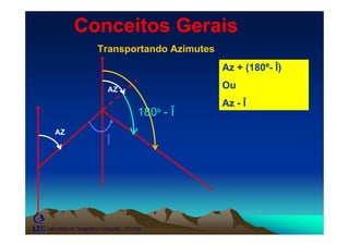 Conceitos Gerais
                         Transportando Azimutes
                                                         Az + (180º- Î)

                              AZ                         Ou
                                                         Az - Î
                                              180º - Î
   AZ
                              Î




Laboratório de Topografia e Cartografia - CTUFES
 