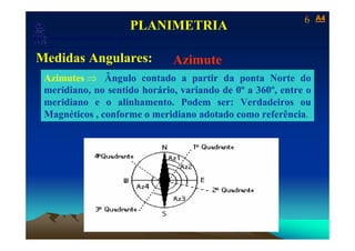 6   A4
                                            PLANIMETRIA
   Laboratório de Topografia e Cartografia - CTUFES
___________________________________________________________
 Medidas Angulares:                                   Azimute
  Azimutes ⇒ Ângulo contado a partir da ponta Norte do
  meridiano, no sentido horário, variando de 0º a 360º, entre o
  meridiano e o alinhamento. Podem ser: Verdadeiros ou
  Magnéticos , conforme o meridiano adotado como referência.
 