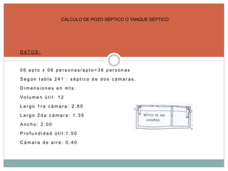 D AT O S :
0 6 a p t o x 0 6 p e r s o n a s / a p t o = 3 6 p e r s o n a s
S e g ú n t a b l a 2 4 1 : s é p t i c o d e d o s c á m a r a s .
D i m e n s i o n e s e n m t s :
Vo l u m e n ú t i l : 1 2
L a r g o 1 r a c á m a r a : 2 . 8 0
L a r g o 2 d a c á m a r a : 1 . 3 5
A n c h o : 2 . 0 0
P r o f u n d i d a d ú t i l : 1 . 5 0
C á m a r a d e a i r e : 0 . 4 0
CÁLCULO DE POZO SÉPTICO O TANQUE SÉPTICO
 