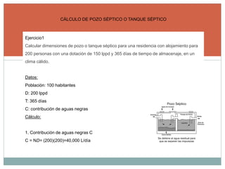 CÁLCULO DE POZO SÉPTICO O TANQUE SÉPTICO
Ejercicio1
Calcular dimensiones de pozo o tanque séptico para una residencia con alojamiento para
200 personas con una dotación de 150 lppd y 365 días de tiempo de almacenaje, en un
clima cálido.
Datos:
Población: 100 habitantes
D: 200 lppd
T: 365 días
C: contribución de aguas negras
Cálculo:
1. Contribución de aguas negras C
C = ND= (200)(200)=40,000 L/día
 