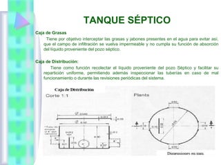 TANQUE SÉPTICO
Caja de Grasas
Tiene por objetivo interceptar las grasas y jabones presentes en el agua para evitar así,
que el campo de infiltración se vuelva impermeable y no cumpla su función de absorción
del líquido proveniente del pozo séptico.
Caja de Distribución:
Tiene como función recolectar el líquido proveniente del pozo Séptico y facilitar su
repartición uniforme, permitiendo además inspeccionar las tuberías en caso de mal
funcionamiento o durante las revisiones periódicas del sistema.
 
