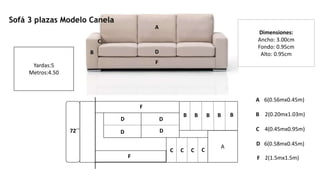 Sofá 3 plazas Modelo Canela
Dimensiones:
Ancho: 3.00cm
Fondo: 0.95cm
Alto: 0.95cm
A
B
C
D
F
A
A
B
C
D
F
6(0.56mx0.45m)
2(0.20mx1.03m)
4(0.45mx0.95m)
6(0.58mx0.45m)
2(1.5mx1.5m)
CCCC
B B B B B
D
D
D
D
F
F
72´´
Yardas:5
Metros:4.50
 
