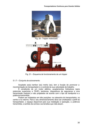 Transportadores Contínuos para Granéis Sólidos
30
Fig. 20 - Tripper motorizado
Fig. 21 – Esquema de funcionamento de um tripper
5.1.7 – Conjunto de acionamento
Acoplado ao(s) tambor (es) motriz (es), tem a função de promover a
movimentação do transportador e o controle de sua velocidade de trabalho.
É constituído de um motor elétrico, acoplamentos hidráulicos (para
potencias superiores a 75HP), tambores, dispositivos de segurança e uma
transmissão (redutor) e são projetados de acordo com o tipo de transporte e a
potência transmitida.
Podem ser instalados em três posições: na cabeceira do transportador, no
centro e no retorno. Para o seu dimensionamento deve ser analisados o perfil do
transportador, o espaço disponível para sua instalação e operação, a potência
transmitida, o sentido da correia e as tensões que nela atuam.
 