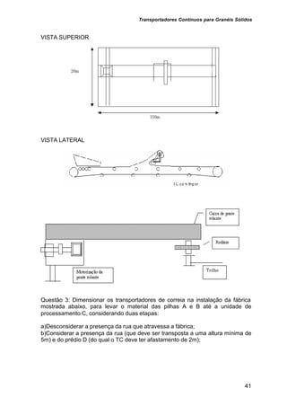 Transportadores Contínuos para Granéis Sólidos
41
VISTA SUPERIOR
VISTA LATERAL
Questão 3: Dimensionar os transportadores de correia na instalação da fábrica
mostrada abaixo, para levar o material das pilhas A e B até a unidade de
processamento C, considerando duas etapas:
a)Desconsiderar a presença da rua que atravessa a fábrica;
b)Considerar a presença da rua (que deve ser transposta a uma altura mínima de
5m) e do prédio D (do qual o TC deve ter afastamento de 2m);
 