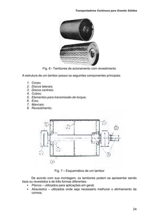 Transportadores Contínuos para Granéis Sólidos
24
Fig. 6 - Tambores de acionamento com revestimento
A estrutura de um tambor possui os seguintes componentes principais:
1. Corpo;
2. Discos laterais;
3. Discos centrais;
4. Cubos;
5. Elementos para transmissão de torque;
6. Eixo;
7. Mancais;
8. Revestimento;
Fig. 7 – Esquemático de um tambor
De acordo com sua montagem, os tambores podem se apresentar sendo
lisos ou revestidos e de três formas diferentes:
• Planos – utilizados para aplicações em geral;
• Abaulados – utilizados onde seja necessário melhorar o alinhamento da
correia;
 