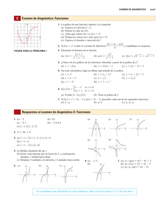 EXAMEN DE DIAGNÓSTICO xxvii
1. La gráfica de una función f aparece a la izquierda.
(a) Exprese el valor de f (⫺1).
(b) Estime el valor de f(2).
(c) ¿Para qué valores de x es f (x) 苷 2?
(d) Estime los valores de x tales que f(x) 苷 0.
(e) Exprese el dominio e intervalo de f.
2. Si f(x) 苷 x3
, evalúe el cociente de diferencia y simplifique su respuesta.
3. Encuentre el dominio de la función.
(a) (b) (c)
4. ¿Cómo son las gráficas de las funciones obtenidas a partir de la gráfica de f ?
(a) y 苷 ⫺f(x) (b) y 苷 2f (x) ⫺ 1 (c) y 苷 f(x ⫺ 3) ⫹ 2
5. Sin usar calculadora, haga un dibujo aproximado de la gráfica.
(a) y 苷 x3
(b) y 苷 (x ⫹ 1)3
(c) y 苷 (x ⫺ 2)3
⫹ 3
(d) y 苷 4 ⫺ x2
(e) (f)
(g) y 苷 ⫺2x
(h) y 苷 1 ⫹ x⫺1
6. Sea
(a) Evalúe f(⫺2) y f(1). (b) Trace la gráfica de f.
7. Si f(x) 苷 x2
⫹ 2x ⫺ 1 y t(x) 苷 2x ⫺ 3, encuentre cada una de las siguientes funciones.
(a) f ⴰ t (b) t ⴰ f (c) t ⴰ t ⴰ t
f x
1 x2
2x 1
si x 0
si x 0
y 苷 2sx
y 苷 sx
h共x兲 苷 s4 ⫺ x ⫹ sx
2
⫺ 1
t共x兲 苷
s
3
x
x
2
⫹ 1
f 共x兲 苷
2x ⫹ 1
x
2
⫹ x ⫺ 2
f 共2 ⫹ h兲 ⫺ f 共2兲
h
C Examen de diagnóstico: Funciones
6. (a) 7. (a) (f ⴰ t)(x) 苷 4x2
⫺ 8x ⫹ 2
(b) (b) (t ⴰ f )(x) 苷 2x2
⫹ 4x ⫺ 5
(c) (t ⴰ t ⴰ t)(x) 苷 8x ⫺ 21
y
x
0
_1
1
⫺3, 3
(g) y
x
0
1
_1
y
(h)
x
0
1
1
y
(d)
x
0
4
2
(e) y
x
0 1
(f) y
x
0 1
1. (a) (b) 2.8
(c) (d)
(e)
2.
3. (a)
(b)
(c)
4. (a) Refleje alrededor del eje x
(b) Estire verticalmente por un factor de 2, a continuación
desplace 1 unidad hacia abajo
(c) Desplace 3 unidades a la derecha y 2 unidades hacia arriba
5. y
x
0
(a)
1
1
y
(b)
x
0
1
_1
(c) y
x
0
(2, 3)
共⫺⬁, ⫺1兴 傼 关1, 4兴
共⫺⬁, ⬁兲
共⫺⬁, ⫺2兲 傼 共⫺2, 1兲 傼 共1, ⬁兲
12 ⫹ 6h ⫹ h
2
关⫺3, 3兴, 关⫺2, 3兴
⫺2.5, 0.3
⫺3, 1
⫺2
Respuestas al examen de diagnóstico C: Funciones
Si el estudiante tiene dificultad con estos problemas, debe ver las secciones 1.1–1.3 de este libro.
y
0 x
1
1
FIGURA PARA EL PROBLEMA 1
 