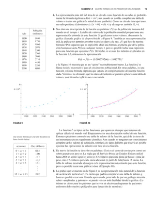 La función P es típica de las funciones que aparecen siempre que tratemos de
aplicar cálculo al mundo real. Empezamos con una descripción verbal de una función.
Entonces podemos construir una tabla de valores de la función, quizá de lecturas de
un instrumento en un experimento científico. Aun cuando no tengamos un conocimiento
completo de los valores de la función, veremos a lo largo del libro que todavía es posible
ejecutar las operaciones de cálculo con base en esa función.
C. De nuevo la función se describe en palabras: C(w) es el costo de enviar por correo un
sobre grande con peso w. La regla que el Servicio Postal de Estados Unidos utilizó
hasta 2008 es como sigue: el costo es 83 centavos para una pieza de hasta 1 onza de
peso, más 17 centavos por cada onza adicional (o parte de ésta) hasta 13 onzas. La
tabla de valores mostrada al margen es la representación más cómoda para esta función,
pero es posible trazar una gráfica (véase el Ejemplo 10).
D. La gráfica que se muestra en la Figura 1 es la representación más natural de la función
de aceleración vertical a(t). Es cierto que podría compilarse una tabla de valores y
hasta es posible crear una fórmula aproximada, pero todo lo que un geólogo necesita
saber –amplitudes y patrones– se puede ver con toda facilidad desde la gráfica. (Lo
mismo es cierto para los patrones que se ven en electrocardiogramas de pacientes
enfermos del corazón y polígrafos para detección de mentiras.)
SECCIÓN 1.1 CUATRO FORMAS DE REPRESENTAR UNA FUNCIÓN 15
A. La representación más útil del área de un círculo como función de su radio, es probable-
mente la fórmula algebraica A(r) 苷 pr2
, aun cuando es posible compilar una tabla de
valores o trazar una gráfica (la mitad de una parábola). Como un círculo tiene que tener
un radio positivo, el dominio es {r 兩 r  0} 苷 (0, ) y el rango es también (0, ).
B. Nos dan una descripción de la función en palabras: P(t) es la población humana del
mundo en el tiempo t. La tabla de valores de la población mundial proporciona una
representación cómoda de esta función. Si graficamos estos valores, obtenemos la
gráfica (llamada gráfica de dispersión) de la Figura 9. También es una representación
útil; la gráfica nos permite absorber todos los datos a la vez. ¿Y qué hay de nuestra
fórmula? Por supuesto que es imposible idear una fórmula explícita que dé la pobla-
ción humana exacta P(t) en cualquier tiempo t, pero es posible hallar una expresión
para una función que aproxime P(t). De hecho, si se usan los métodos explicados en
la Sección 1.5, obtenemos la aproximación
y la Figura 10 muestra que es un “ajuste” razonablemente bueno. La función f se
llama modelo matemático para el crecimiento poblacional. En otras palabras, es una
función con una fórmula explícita que calcula el comportamiento de nuestra función
dada. Veremos, no obstante, que las ideas del cálculo se pueden aplicar a una tabla de
valores; una fórmula explícita no es necesaria.
P共t兲 ⬇ f 共t兲 苷 共0.008079266兲  共1.013731兲t
Población
Año (millones)
1900 1650
1910 1750
1920 1860
1930 2070
1940 2300
1950 2560
1960 3040
1970 3710
1980 4450
1990 5280
2000 6080
w (onzas) C(w) (dólares)
0.83
1.00
1.17
1.34
1.51
2.87
12  w  13






4  w  5
3  w  4
2  w  3
1  w  2
0  w  1
Una función definida por una tabla de valores se
llama función tabular.
FIGURA 10
FIGURA 9
1900
6x10'
P
t
1920 1940 1960 1980 2000 1900
6x10'
P
t
1920 1940 1960 1980 2000
 