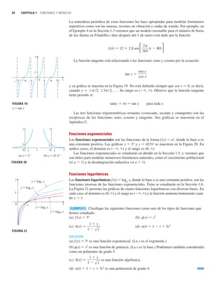 34 CAPÍTULO 1 FUNCIONES Y MODELOS
La naturaleza periódica de estas funciones las hace apropiadas para modelar fenómenos
repetitivos como son las mareas, resortes en vibración y ondas de sonido. Por ejemplo, en
el Ejemplo 4 en la Sección 1.3 veremos que un modelo razonable para el número de horas
de luz diurna en Filadelfia t días después del 1 de enero está dado por la función
La función tangente está relacionada a las funciones seno y coseno por la ecuación
y su gráfica se muestra en la Figura 19. No está definida siempre que cos x 苷 0, es decir,
cuando x 苷 p兾2, 3p兾2, …. Su rango es ( , ). Observe que la función tangente
tiene periodo p:
tan(x  p) 苷 tan x para toda x
Las tres funciones trigonométricas restantes (cosecante, secante y cotangente) son las
recíprocas de las funciones seno, coseno y tangente. Sus gráficas se muestran en el
Apéndice C.
Funciones exponenciales
Las funciones exponenciales son las funciones de la forma f(x) 苷 ax
, donde la base a es
una constante positiva. Las gráficas y 苷 2x
y y 苷 (0.5)x
se muestran en la Figura 20. En
ambos casos, el dominio es ( , ) y el rango es (0, ).
Las funciones exponenciales se estudiarán en detalle en la Sección 1.5, y veremos que
son útiles para modelar numerosos fenómenos naturales, como el crecimiento poblacional
(si a  1) y la desintegración radiactiva (si a  1).
Funciones logarítmicas
Las funciones logarítmicas f(x) 苷 loga
x, donde la base a es una constante positiva, son las
funciones inversas de las funciones exponenciales. Éstas se estudiarán en la Sección 1.6.
La Figura 21 presenta las gráficas de cuatro funciones logarítmicas con diversas bases. En
cada caso, el dominio es (0, ) y el rango es ( , ) y la función aumenta lentamente cuan-
do x  1.
Clasifique las siguientes funciones como uno de los tipos de funciones que
hemos estudiado.
(a) (b)
(c) (d)
SOLUCIÓN
(a) f (x) 苷 5x
es una función exponencial. (La x es el exponente.)
(b) t(x) 苷 x5
es una función de potencia. (La x es la base.) Podríamos también considerarla
como un polinomio de grado 5.
(c) es una función algebraica.
(d) es una polinomial de grado 4.
u共t兲 苷 1  t  5t
4
h共x兲 苷
1  x
1  sx
u共t兲 苷 1  t  5t
4
h共x兲 苷
1  x
1  sx
t共x兲 苷 x
5
f 共x兲 苷 5x
EJEMPLO 5
tan x 苷
sen x
cos x
L共t兲 苷 12  2.8 sen
2
365
共t  80兲
FIGURA 19
y=tan x
x
y
π
0
_π
1
π
2
3π
2
π
2
_
3π
2
_
FIGURA 21
0
y
1
x
1
y=log£ x
y=log™ x
y=log∞ x
y=log¡¸ x
FIGURA 20
y
x
1
1
0
y
x
1
1
0
(a) y=2® (b) y=(0.5)®
 