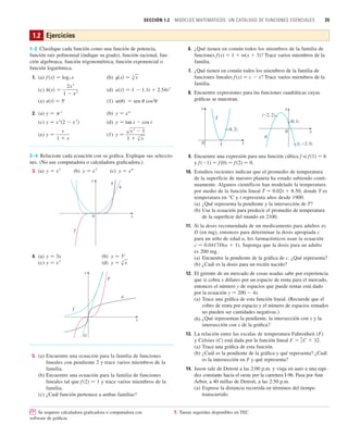 SECCIÓN 1.2 MODELOS MATEMÁTICOS: UN CATÁLOGO DE FUNCIONES ESENCIALES 35
1.2 Ejercicios
1–2 Clasifique cada función como una función de potencia,
función raíz polinomial (indique su grado), función racional, fun-
ción algebraica, función trigonométrica, función exponencial o
función logarítmica.
1. (a) (b)
(c) (d)
(e) (f) w(u) 苷 sen u cos2
u
2. (a) (b)
(c) (d)
(e) (f)
3–4 Relacione cada ecuación con su gráfica. Explique sus seleccio-
nes. (No use computadora o calculadora graficadora.)
3. (a) (b) (c)
4. (a) (b)
(c) (d)
5. (a) Encuentre una ecuación para la familia de funciones
lineales con pendiente 2 y trace varios miembros de la
familia.
(b) Encuentre una ecuación para la familia de funciones
lineales tal que f (2) 苷 1 y trace varios miembros de la
familia.
(c) ¿Cuál función pertenece a ambas familias?
G
f
g
F
y
x
y 苷 s
3
x
y 苷 x
3
y 苷 3x
y 苷 3x
f
0
g
h
y
x
y 苷 x
8
y 苷 x
5
y 苷 x
2
y 苷
sx
3
 1
1  s
3
x
y 苷
s
1  s
y 苷 tan t  cos t
y 苷 x
2
共2  x
3
兲
y 苷 x
y 苷 x
v共t兲 苷 5t
u共t兲 苷 1  1.1t  2.54t
2
h共x兲 苷
2x
3
1  x
2
t共x兲 苷 s
4
x
f 共x兲 苷 log2 x
6. ¿Qué tienen en común todos los miembros de la familia de
funciones f(x) 苷 1  m(x  3)? Trace varios miembros de la
familia.
7. ¿Qué tienen en común todos los miembros de la familia de
funciones lineales f(x) 苷 c  x? Trace varios miembros de la
familia.
8. Encuentre expresiones para las funciones cuadráticas cuyas
gráficas se muestran.
9. Encuentre una expresión para una función cúbica f si f(1) 苷 6
y f (1) 苷 f(0) 苷 f (2) 苷 0.
10. Estudios recientes indican que el promedio de temperatura
de la superficie de nuestro planeta ha estado subiendo conti-
nuamente. Algunos científicos han modelado la temperatura
por medio de la función lineal T 苷 0.02t  8.50, donde T es
temperatura en °C y t representa años desde 1900.
(a) ¿Qué representa la pendiente y la intersección de T?
(b) Use la ecuación para predecir el promedio de temperatura
de la superficie del mundo en 2100.
11. Si la dosis recomendada de un medicamento para adultos es
D (en mg), entonces para determinar la dosis apropiada c
para un niño de edad a, los farmacéuticos usan la ecuación
c 苷 0.0417D(a  1). Suponga que la dosis para un adulto
es 200 mg.
(a) Encuentre la pendiente de la gráfica de c. ¿Qué representa?
(b) ¿Cuál es la dosis para un recién nacido?
12. El gerente de un mercado de cosas usadas sabe por experiencia
que si cobra x dólares por un espacio de renta para el mercado,
entonces el número y de espacios que puede rentar está dado
por la ecuación y 苷 200  4x.
(a) Trace una gráfica de esta función lineal. (Recuerde que el
cobro de renta por espacio y el número de espacios rentados
no pueden ser cantidades negativas.)
(b) ¿Qué representan la pendiente, la intersección con y y la
intersección con x de la gráfica?
13. La relación entre las escalas de temperatura Fahrenheit (F)
y Celsius (C) está dada por la función lineal .
(a) Trace una gráfica de esta función.
(b) ¿Cuál es la pendiente de la gráfica y qué representa? ¿Cuál
es la intersección en F y qué representa?
14. Jason sale de Detroit a las 2:00 p.m. y viaja en auto a una rapi-
dez constante hacia el oeste por la carretera I-96. Pasa por Ann
Arbor, a 40 millas de Detroit, a las 2:50 p.m.
(a) Exprese la distancia recorrida en términos del tiempo
transcurrido.
F 苷 9
5 C  32
y
(0, 1)
(1, _2.5)
(_2, 2)
y
x
0
(4, 2)
f
g
x
0
3
; Se requiere calculadora graficadora o computadora con 1. Tareas sugeridas disponibles en TEC
software de gráficas
 