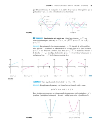 SECCIÓN 1.3 NUEVAS FUNCIONES A PARTIR DE FUNCIONES ANTERIORES 39
por 2 la coordenada y de cada punto en la gráfica de y 苷 cos x. Esto significa que la
gráfica de y 苷 cos x se estira verticalmente en un factor de 2.
Transformación de la función raíz Dada la gráfica de , use
transformaciones para graficar , , , y
.
SOLUCIÓN La gráfica de la función raíz cuadrada , obtenida de la Figura 13(a)
en la Sección 1.2, se muestra en la Figura 4(a). En las otras partes de la figura trazamos
al desplazar 2 unidades hacia abajo, al desplazar 2 unidades a
la derecha, al reflejar alrededor del eje x, al estirar verticalmente en
un factor de 2, y al reflejar respecto al eje y.
Trace la gráfica de la función f(x) 苷 x2
 6x  10.
SOLUCIÓN Completando el cuadrado, escribimos la ecuación de la gráfica como
Esto significa que obtenemos la gráfica deseada si empezamos con la parábola y 苷 x2
y
desplazar 3 unidades a la izquierda y después 1 unidad hacia arriba (véase Figura 5).
FIGURA 5 (a) y=≈ (b) y=(x+3)@+1
x
0
_1
_3
1
y
(_3, 1)
x
0
y
y 苷 x
2
 6x  10 苷 共x  3兲2
 1
EJEMPLO 2
(a) y=œ„
x (b) y=œ„-2
x (c) y=œ„„„„
x-2 (d) y=_œ„
x (e) y=2œ„
x (f) y=œ„„
_x
0 x
y
0 x
y
0 x
y
2
0 x
y
_2
0 x
y
1
1
0 x
y
y 苷 sx
y 苷 2sx
y 苷 sx
y 苷 sx  2
y 苷 sx  2
y 苷 sx
y 苷 sx
y 苷 2sx
y 苷 sx
y 苷 sx  2
y 苷 sx  2
y 苷 sx
EJEMPLO 1
v
FIGURA 3
x
1
2
y
0
y=cos x
y=cos 2x
y=cos x
1
2
x
1
2
y
0
y=2 cos x
y=cos x
y= cos x
1
2
1
FIGURA 4
 