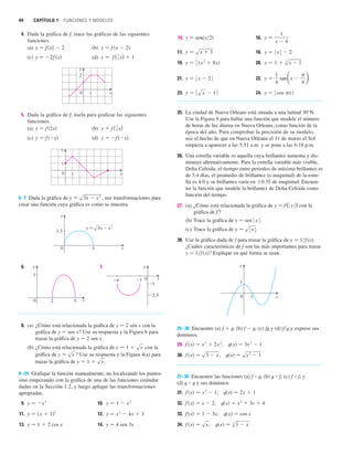 44 CAPÍTULO 1 FUNCIONES Y MODELOS
4. Dada la gráfica de f, trace las gráficas de las siguientes
funciones.
(a) (b)
(c) (d)
5. Dada la gráfica de f, úsela para graficar las siguientes
funciones.
(a) (b)
(c) (d)
6–7 Dada la gráfica de , use transformaciones para
crear una función cuya gráfica es como se muestra.
6. 7.
8. (a) ¿Cómo está relacionada la gráfica de y 苷 2 sen x con la
gráfica de y 苷 sen x? Use su respuesta y la Figura 6 para
trazar la gráfica de y 苷 2 sen x.
(b) ¿Cómo está relacionada la gráfica de con la
gráfica de ? Use su respuesta y la Figura 4(a) para
trazar la gráfica de .
9–24 Grafique la función manualmente, no localizando los puntos
sino empezando con la gráfica de una de las funciones estándar
dadas en la Sección 1.2, y luego aplique las transformaciones
apropiadas.
9. 10.
11. 12.
13. 14. y 苷 4 sen 3x
y 苷 1  2 cos x
y 苷 x
2
 4x  3
y 苷 共x  1兲2
y 苷 1  x
2
y 苷 x
3
y 苷 1  sx
y 苷 sx
y 苷 1  sx
_4
_1
_2.5
x
y
_1 0
5 x
y
2
0
3
1.5
y=œ„„„„„„
3x-≈
x
y
3
0
y 苷 s3x  x
2
x
y
0 1
1
y 苷 f 共x兲
y 苷 f 共x兲
y 苷 f (1
2 x)
y 苷 f 共2x兲
x
y
0 1
2
y 苷 f (1
3 x)  1
y 苷 2f 共x兲
y 苷 f 共x  2兲
y 苷 f 共x兲  2
15. y 苷 sen(x兾2) 16.
17. 18.
19. 20.
21. 22.
23. 24.
25. La ciudad de Nueva Orleans está situada a una latitud 30°N.
Use la Figura 9 para hallar una función que modele el número
de horas de luz diurna en Nueva Orleans, como función de la
época del año. Para comprobar la precisión de su modelo,
use el hecho de que en Nueva Orleans el 31 de marzo el Sol
empieza a aparecer a las 5:51 a.m. y se pone a las 6:18 p.m.
26. Una estrella variable es aquella cuya brillantez aumenta y dis-
minuye alternativamente. Para la estrella variable más visible,
Delta Cefeida, el tiempo entre periodos de máxima brillantez es
de 5.4 días, el promedio de brillantez (o magnitud) de la estre-
lla es 4.0 y su brillantez varía en 0.35 de magnitud. Encuen-
tre la función que modele la brillantez de Delta Cefeida como
función del tiempo.
27. (a) ¿Cómo está relacionada la gráfica de y 苷 f(兩 x 兩) con la
gráfica de f ?
(b) Trace la gráfica de y 苷 sen 兩 x 兩.
(c) Trace la gráfica de .
28. Use la gráfica dada de f para trazar la gráfica de y 苷 1兾f(x).
¿Cuáles características de f son las más importantes para trazar
y 苷 1兾f(x)? Explique en qué forma se usan.
29–30 Encuentre (a) f  t, (b) f  t, (c) ft y (d) f兾t y exprese sus
dominios.
29. ,
30. ,
31–36 Encuentre las funciones (a) f ⴰ t, (b) t ⴰ f, (c) f ⴰ f, y
(d) t ⴰ t y sus dominios.
31. ,
32. ,
33. ,
34. , t共x兲 苷 s
3
1  x
f 共x兲 苷 sx
t共x兲 苷 cos x
f 共x兲 苷 1  3x
t共x兲 苷 x
2
 3x  4
f 共x兲 苷 x  2
t共x兲 苷 2x  1
f 共x兲 苷 x
2
 1
t共x兲 苷 sx
2
 1
f 共x兲 苷 s3  x
t共x兲 苷 3x
2
 1
f 共x兲 苷 x
3
 2x
2
1
1
0 x
y
y 苷 sⱍx
ⱍ
y 苷 ⱍcos x
ⱍ
y 苷 ⱍsx  1 ⱍ
y 苷
1
4
tan冉x 
4
冊
y 苷 ⱍx  2 ⱍ
y 苷 1  s
3
x  1
y 苷
1
2 共x
2
 8x兲
y 苷 ⱍx
ⱍ  2
y 苷 sx  3
y 苷
1
x  4
 