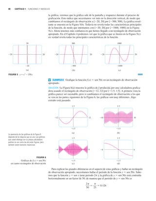 48 CAPÍTULO 1 FUNCIONES Y MODELOS
la gráfica, veremos que la gráfica sale de la pantalla y reaparece durante el proceso de
graficación. Esto indica que necesitamos ver más en la dirección vertical, de modo que
cambiamos el rectángulo de observación a [20, 20] por [500, 500]. La gráfica resul-
tante se muestra en la Figura 5(b). Todavía no revela todas las características principales
de la función, de modo que intentamos con [20, 20] por [1000, 1000] en la Figura
5(c). Ahora tenemos más confianza en que hemos llegado a un rectángulo de observación
apropiado. En el Capítulo 4 podremos ver que la gráfica que se ilustra en la Figura 5(c)
en verdad revela todas las principales características de la función.
Grafique la función f (x) 苷 sen 50x en un rectángulo de observación
apropiado.
SOLUCIÓN La Figura 6(a) muestra la gráfica de f producida por una calculadora grafica-
dora usando el rectángulo de observación [12, 12] por [1.5, 1.5]. A primera vista la
gráfica parece ser razonable, pero si cambiamos el rectángulo de observación a los que
se ven en las partes siguientes de la Figura 6, las gráficas son muy diferentes. Algo
extraño está pasando.
Para explicar las grandes diferencias en el aspecto de estas gráficas y hallar un rectángulo
de observación apropiado, necesitamos hallar el periodo de la función y 苷 sen 50x. Sabe-
mos que la función y 苷 sen x tiene periodo 2p y la gráfica de y 苷 sen 50x está contraída
horizontalmente en un factor de 50, de manera que el periodo de y 苷 sen 50x es
2
50
苷
25
⬇ 0.126
FIGURA 6
Gráficas de ƒ=sen 50x
en cuatro rectángulos de observación
(a) (b)
(c) (d)
1.5
_1.5
_10 10
1.5
_1.5
_12 12
1.5
_1.5
_9 9
1.5
_1.5
_6 6
EJEMPLO 4
v
FIGURA 5 y=˛-150x
(a) (c)
(b)
1000
_1000
_20 20
500
_500
_20 20
20
_20
_20 20
La apariencia de las gráficas de la Figura 6
depende de la máquina que se use. Las gráficas
que usted obtenga con su propia calculadora
podrían no ser como las de estas figuras, pero
también serán bastante imprecisas.
 