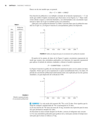 56 CAPÍTULO 1 FUNCIONES Y MODELOS
Parece ser de este modelo que, en general,
P(t) 苷 2t
 1000 苷 (1000)2t
Esta función de población es un múltiplo constante de la función exponencial y 苷 2t
, de
modo que exhibe el rápido crecimiento que observamos en las Figuras 2 y 7. Bajo condi-
ciones ideales (espacio y nutrición ilimitados y sin enfermedades) este crecimiento expo-
nencial es típico de lo que en realidad ocurre en la naturaleza.
¿Qué pasa con la población humana? La Tabla 1 presenta datos para la población mun-
dial en el siglo XX y la Figura 8 muestra la correspondiente gráfica de dispersión.
El patrón de los puntos de datos de la Figura 8 sugiere crecimiento exponencial, de
modo que usamos una calculadora graficadora con funciones de regresión exponencial
para aplicar el método de mínimos cuadrados y obtener el modelo exponencial
La Figura 9 muestra la gráfica de esta función exponencial junto con los puntos de datos
originales. Vemos que la curva exponencial se ajusta razonablemente bien a los datos. El
periodo de crecimiento poblacional relativamente lento está explicado por las dos guerras
mundiales y la gran depresión de la década de 1930.
La vida media del estroncio 90, 90
Sr, es de 25 años. Esto significa que la
mitad de cualquier cantidad dada de 90
Sr se desintegrará en 25 años.
(a) Si una muestra de 90
Sr tiene una masa de 24 mg, encuentre una expresión para la masa
m(t) que permanezca después de t años.
(b) Encuentre la masa restante después de 40 años, correcta al miligramo más cercano.
(c) Use una calculadora graficadora para graficar m(t) y úsela para calcular el tiempo nece-
sario para que la masa se reduzca a 5 mg.
EJEMPLO 3
v
FIGURA 9
Modelo exponencial para
el crecimiento poblacional
1900
6x10'
P
t
1920 1940 1960 1980 2000
P 苷 共0.008079266兲 ⴢ 共1.013731兲t
FIGURA 8 Gráfica de dispersión para el crecimiento de la población mundial
1900
6x10'
P
t
1920 1940 1960 1980 2000
TABLA 1
Población
Año (millones)
1900 1650
1910 1750
1920 1860
1930 2070
1940 2300
1950 2560
1960 3040
1970 3710
1980 4450
1990 5280
2000 6080
 