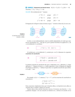 SECCIÓN 1.6 FUNCIONES INVERSAS Y LOGARITMOS 63
Evaluación de una función inversa Si f(1) 苷 5, f(3) 苷 7, y f (8) 苷 10,
encuentre f 1
(7), f 1
(5) y f 1
(10).
SOLUCIÓN De la definición de f 1
tenemos
porque
porque
porque
El diagrama de la Figura 6 aclara la forma en que f 1
invierte el efecto de f en este caso.
La letra x se usa tradicionalmente como la variable independiente, de modo que cuan-
do nos concentramos en f 1
más que en f, por lo general invertimos los papeles de x y de
y en la definición 2 y escribimos
Al sustituir por y en la definición 2 y sustituir por x en (3), obtenemos las siguientes
ecuaciones de cancelación:
f 1
(f(x)) 苷 x para toda x en A
f(f 1
(x)) 苷 x para toda x en B
La primera ecuación de cancelación dice que si empezamos con x, aplicamos f, y luego
aplicamos f1
, llegamos de nuevo a x, donde empezamos (véase el diagrama de máquina
de la Figura 7). Entonces, f 1
deshace lo que f hace. La segunda ecuación dice que f desha-
ce lo que f1
hace.
Por ejemplo, si f (x) 苷 x3
, entonces f 1
(x) 苷 x1兾3
y así las ecuaciones de cancelación se
convierten en
Estas ecuaciones simplemente dicen que la función cúbica y la función de raíz cúbica se
cancelan entre sí cuando se aplican en sucesión.
Veamos ahora cómo calcular funciones inversas. Si tenemos una función y 苷 f (x)
y podemos despejar x de esta ecuación en términos de y, entonces de acuerdo con la
f (f
1
共x兲) 苷 共x
1兾3
兲3
苷 x
f
1
(f 共x兲) 苷 共x
3
兲1兾3
苷 x
FIGURA 7
x x
f ƒ f –!
4
f 共y兲 苷 x
?
f
1
共x兲 苷 y
3
FIGURA 6
La función inversa invierte
entradas y salidas
B
5
7
_10
f
A
1
3
8
A
1
3
8
f –!
B
5
7
_10
f 共8兲 苷 10
f
1
共10兲 苷 8
f 共1兲 苷 5
f
1
共5兲 苷 1
f 共3兲 苷 7
f
1
共7兲 苷 3
EJEMPLO 3
v
 