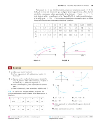 SECCIÓN 1.6 FUNCIONES INVERSAS Y LOGARITMOS 69
Aun cuando ln x es una función creciente, crece muy lentamente cuando x  1. De
hecho, ln x crece más lentamente que cualquier potencia positiva de x. Para ilustrar
este hecho, comparamos valores aproximados de las funciones y 苷 ln x y
en la siguiente tabla y los graficamos en las Figuras 15 y 16. Se puede ver que inicialmen-
te las gráficas de y y 苷 ln x crecen con magnitudes comparables, pero en última
instancia la función raíz sobrepasa con mucho al logaritmo.
x
0
y
1000
20
y=œ„
x
y=ln x
x
0
y
1
1
y=œ„
x
y=ln x
FIGURA 16
FIGURA 15
y 苷 sx
y 苷 x
1兾2
苷 sx
x 1 2 5 10 50 100 500 1000 10,000 100,000
0 0.69 1.61 2.30 3.91 4.6 6.2 6.9 9.2 11.5
1 1.41 2.24 3.16 7.07 10.0 22.4 31.6 100 316
0 0.49 0.72 0.73 0.55 0.46 0.28 0.22 0.09 0.04
ln x
sx
sx
ln x
1.6 Ejercicios
1. (a) ¿Qué es una función biunívoca?
(b) ¿Cómo se puede decir de la gráfica de una función si es
biunívoca?
2. (a) Suponga que f es una función biunívoca con dominio A y
rango B. ¿Cómo se define la función inversa f1
? ¿Cuál es
el dominio de f 1
? ¿Cuál es el rango de f 1
?
(b) Dada la fórmula para f, ¿cómo se encuentra una fórmula
para f1
?
(c) Dada la gráfica de f, ¿cómo se encuentra la gráfica de f1
?
3–14 Una función está dada por una tabla de valores, una
gráfica, una fórmula o una descripción verbal. Determine si es
biunívoca.
3.
4.
5. 6.
7. 8.
9. 10.
11. 12.
13. f(t) es la altura de un balón de futbol t segundos después de
patearlo.
14. f(t) es la estatura de una persona a una edad t.
t共x兲 苷 cos x
t共x兲 苷 1兾x
f 共x兲 苷 10  3x
f 共x兲 苷 x
2
 2x
y
x
x
y
y
x
x
y
x 1 2 3 4 5 6
1.5 2.0 3.6 5.3 2.8 2.0
f 共x兲
x 1 2 3 4 5 6
1.0 1.9 2.8 3.5 3.1 2.9
f 共x兲
; Se requiere calculadora graficadora o computadora con Se requiere de un sistema 1. Tareas sugeridas disponibles en TEC
software de gráficas computarizado de álgebra
CAS
 