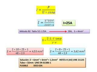 I=25A
Método B2 Tabla 52-1 25A 28A, S = 4mm2
e
IL
S




cos2
Solución: 2 × 6mm2 + 6mm2 + 1,5mm2 H07Z1-K (AS) UNE 21123
Tubo = 32mm UNE EN 61386-1
FUSIBLE DO2 63A
 