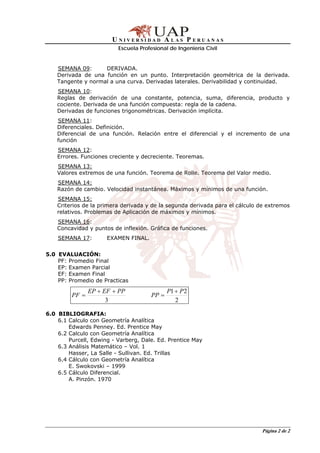 U NIVERSIDAD A LAS P ERUANAS
                          Escuela Profesional de Ingeniería Civil


    SEMANA 09:      DERIVADA.
    Derivada de una función en un punto. Interpretación geométrica de la derivada.
    Tangente y normal a una curva. Derivadas laterales. Derivabilidad y continuidad.
    SEMANA 10:
    Reglas de derivación de una constante, potencia, suma, diferencia, producto y
    cociente. Derivada de una función compuesta: regla de la cadena.
    Derivadas de funciones trigonométricas. Derivación implícita.
    SEMANA 11:
    Diferenciales. Definición.
    Diferencial de una función. Relación entre el diferencial y el incremento de una
    función
    SEMANA 12:
    Errores. Funciones creciente y decreciente. Teoremas.
    SEMANA 13:
    Valores extremos de una función. Teorema de Rolle. Teorema del Valor medio.
    SEMANA 14:
    Razón de cambio. Velocidad instantánea. Máximos y mínimos de una función.
    SEMANA 15:
    Criterios de la primera derivada y de la segunda derivada para el cálculo de extremos
    relativos. Problemas de Aplicación de máximos y mínimos.
    SEMANA 16:
    Concavidad y puntos de inflexión. Gráfica de funciones.
    SEMANA 17:        EXAMEN FINAL.


5.0 EVALUACIÓN:
    PF: Promedio Final
    EP: Examen Parcial
    EF: Examen Final
    PP: Promedio de Practicas
                EP + EF + PP                 P1 + P 2
         PF =                         PP =
                      3                         2

6.0 BIBLIOGRAFIA:
    6.1 Calculo con Geometría Analítica
        Edwards Penney. Ed. Prentice May
    6.2 Calculo con Geometría Analítica
        Purcell, Edwing - Varberg, Dale. Ed. Prentice May
    6.3 Análisis Matemático – Vol. 1
        Hasser, La Salle - Sullivan. Ed. Trillas
    6.4 Cálculo con Geometría Analítica
        E. Swokovski – 1999
    6.5 Cálculo Diferencial.
        A. Pinzón. 1970




                                                                              Página 2 de 2
 