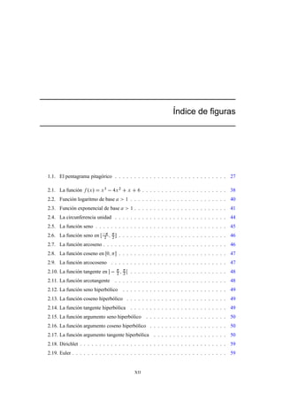 ´
                                                                                   Indice de ﬁguras




1.1. El pentagrama pitagórico . . . . . . . . . . . . . . . . . . . . . . . . . . . . . 27

2.1. La función    ºÜ »   Ü
                              ¿
                                          Ü
                                              ¾
                                                      Ü             . . . . . . . . . . . . . . . . . . . . . . 38
2.2. Función logaritmo de base                        ½   . . . . . . . . . . . . . . . . . . . . . . . . . 40
2.3. Función exponencial de base                          ½   . . . . . . . . . . . . . . . . . . . . . . . . 41
2.4. La circunferencia unidad . . . . . . . . . . . . . . . . . . . . . . . . . . . . . 44
2.5. La función seno . . . . . . . . . . . . . . . . . . . . . . . . . . . . . . . . . . 45
2.6. La función seno en  ¾            ¾
                                              . . . . . . . . . . . . . . . . . . . . . . . . . . . . 46
2.7. La función arcoseno . . . . . . . . . . . . . . . . . . . . . . . . . . . . . . . . 46
2.8. La función coseno en         ¼           . . . . . . . . . . . . . . . . . . . . . . . . . . . . 47
2.9. La función arcocoseno . . . . . . . . . . . . . . . . . . . . . . . . . . . . . . 47
2.10. La función tangente en              ¾       ¾
                                                          . . . . . . . . . . . . . . . . . . . . . . . . . 48
2.11. La función arcotangente             . . . . . . . . . . . . . . . . . . . . . . . . . . . . . 48
2.12. La función seno hiperbólico . . . . . . . . . . . . . . . . . . . . . . . . . . . 49
2.13. La función coseno hiperbólico . . . . . . . . . . . . . . . . . . . . . . . . . . 49
2.14. La función tangente hiperbólica . . . . . . . . . . . . . . . . . . . . . . . . . 49
2.15. La función argumento seno hiperbólico . . . . . . . . . . . . . . . . . . . . . 50
2.16. La función argumento coseno hiperbólico . . . . . . . . . . . . . . . . . . . . 50
2.17. La función argumento tangente hiperbólica . . . . . . . . . . . . . . . . . . . 50
2.18. Dirichlet . . . . . . . . . . . . . . . . . . . . . . . . . . . . . . . . . . . . . . 59
2.19. Euler . . . . . . . . . . . . . . . . . . . . . . . . . . . . . . . . . . . . . . . . 59


                                                              XII
 