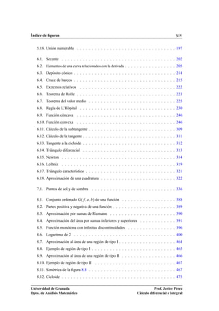 Índice de ﬁguras                                                                            XIV


   5.18. Unión numerable . . . . . . . . . . . . . . . . . . . . . . . . . . . . . . . . . 197

   6.1. Secante . . . . . . . . . . . . . . . . . . . . . . . . . . . . . . . . . . . . . . 202
   6.2. Elementos de una curva relacionados con la derivada . . . . . . . . . . . . . . . . . 205
   6.3. Depósito cónico . . . . . . . . . . . . . . . . . . . . . . . . . . . . . . . . . . 214
   6.4. Cruce de barcos . . . . . . . . . . . . . . . . . . . . . . . . . . . . . . . . . . 215
   6.5. Extremos relativos . . . . . . . . . . . . . . . . . . . . . . . . . . . . . . . . 222
   6.6. Teorema de Rolle . . . . . . . . . . . . . . . . . . . . . . . . . . . . . . . . . 223
   6.7. Teorema del valor medio . . . . . . . . . . . . . . . . . . . . . . . . . . . . . 225
   6.8. Regla de L’Hôpital . . . . . . . . . . . . . . . . . . . . . . . . . . . . . . . . 230
   6.9. Función cóncava . . . . . . . . . . . . . . . . . . . . . . . . . . . . . . . . . 246
   6.10. Función convexa . . . . . . . . . . . . . . . . . . . . . . . . . . . . . . . . . 246
   6.11. Cálculo de la subtangente . . . . . . . . . . . . . . . . . . . . . . . . . . . . . 309
   6.12. Cálculo de la tangente . . . . . . . . . . . . . . . . . . . . . . . . . . . . . . . 311
   6.13. Tangente a la cicloide . . . . . . . . . . . . . . . . . . . . . . . . . . . . . . . 312
   6.14. Triángulo diferencial . . . . . . . . . . . . . . . . . . . . . . . . . . . . . . . 313
   6.15. Newton . . . . . . . . . . . . . . . . . . . . . . . . . . . . . . . . . . . . . . 314
   6.16. Leibniz . . . . . . . . . . . . . . . . . . . . . . . . . . . . . . . . . . . . . . 319
   6.17. Triángulo característico . . . . . . . . . . . . . . . . . . . . . . . . . . . . . . 321
   6.18. Aproximación de una cuadratura . . . . . . . . . . . . . . . . . . . . . . . . . 322

   7.1. Puntos de sol y de sombra . . . . . . . . . . . . . . . . . . . . . . . . . . . . 336

   8.1. Conjunto ordenado      º       » de una función . . . . . . . . . . . . . . . . . . 388
   8.2. Partes positiva y negativa de una función . . . . . . . . . . . . . . . . . . . . . 389
   8.3. Aproximación por sumas de Riemann . . . . . . . . . . . . . . . . . . . . . . 390
   8.4. Aproximación del área por sumas inferiores y superiores . . . . . . . . . . . . 391
   8.5. Función monótona con inﬁnitas discontinuidades . . . . . . . . . . . . . . . . 396
   8.6. Logaritmo de 2 . . . . . . . . . . . . . . . . . . . . . . . . . . . . . . . . . . 400
   8.7. Aproximación al área de una región de tipo I . . . . . . . . . . . . . . . . . . . 464
   8.8. Ejemplo de región de tipo I . . . . . . . . . . . . . . . . . . . . . . . . . . . . 465
   8.9. Aproximación al área de una región de tipo II . . . . . . . . . . . . . . . . . . 466
   8.10. Ejemplo de región de tipo II . . . . . . . . . . . . . . . . . . . . . . . . . . . 467
   8.11. Simétrica de la ﬁgura 8.8 . . . . . . . . . . . . . . . . . . . . . . . . . . . . . 467
   8.12. Cicloide . . . . . . . . . . . . . . . . . . . . . . . . . . . . . . . . . . . . . . 475

Universidad de Granada                                                        Prof. Javier Pérez
Dpto. de Análisis Matemático                                       Cálculo diferencial e integral
 